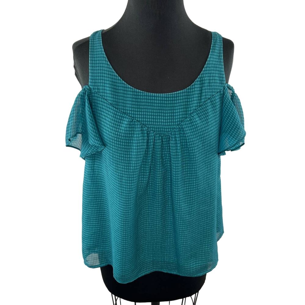 Anthropologie MAEVE Tavin Cold-Shoulder Ruffle Sleeve Teal Gingham Blouse Top 6